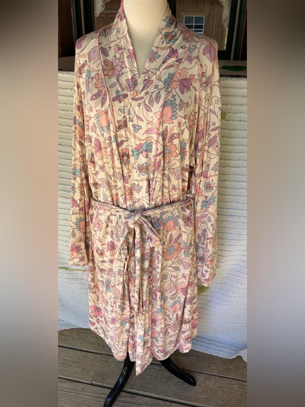 Power 2 The Flower Boho Floral Tie Waist Kimono Robe L/XL Pastel Rayon Stretch